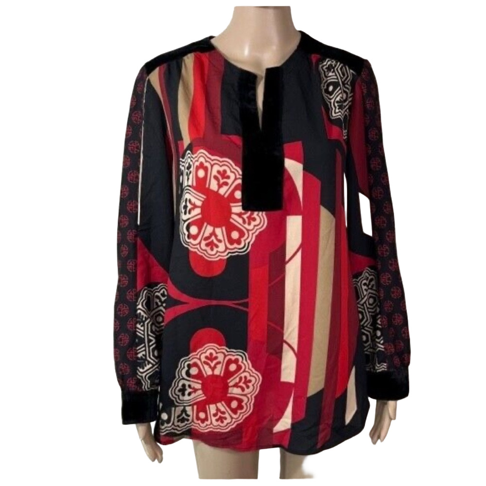 Chicos long sleeve red and black style Asian velvet trim blouse size2..